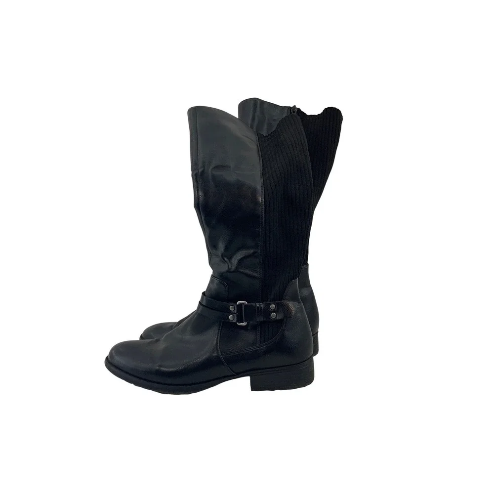 Womens Black Knee High Boots Ribbed Knit Back Side Zip Buckle Detail‎ Flat Heel